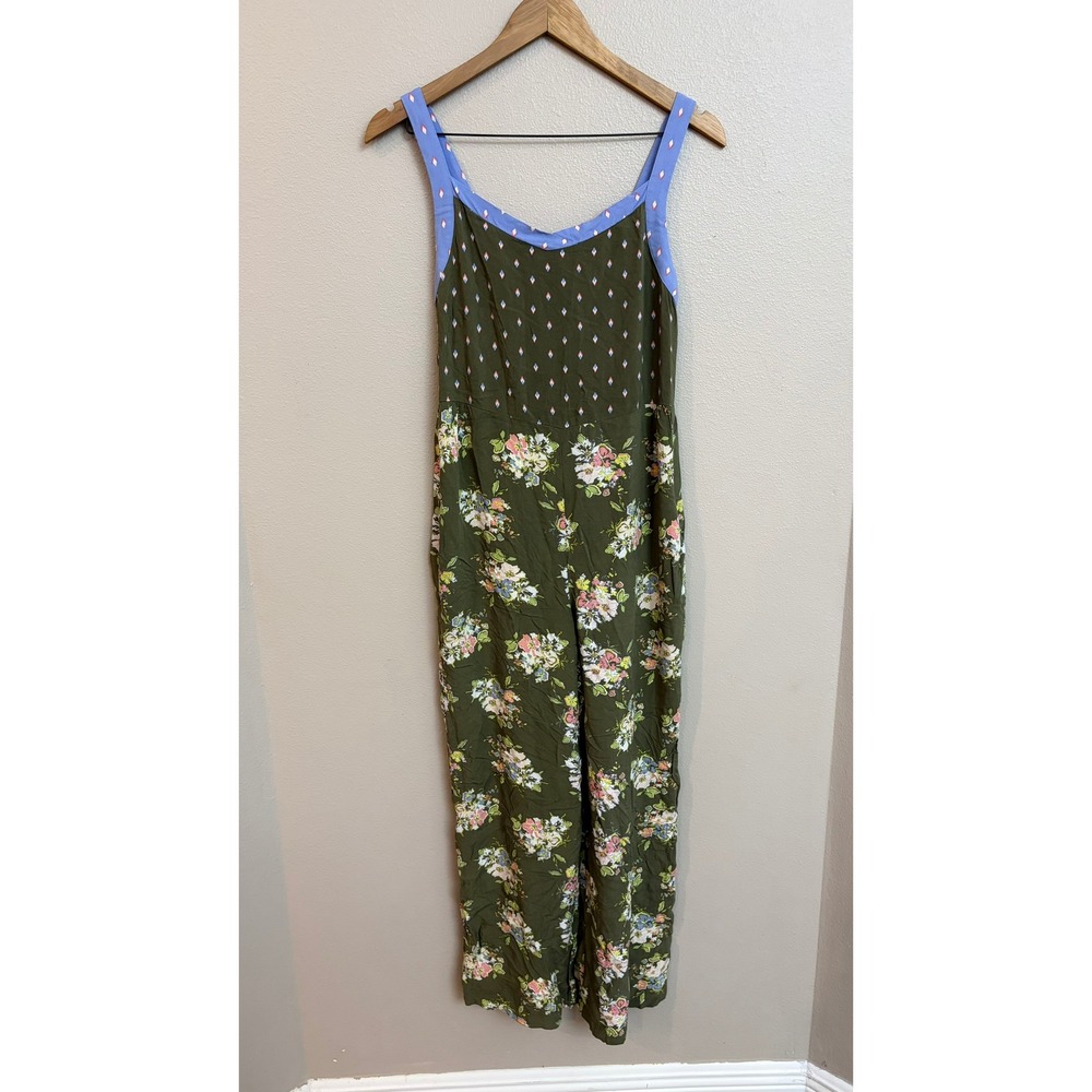 Matilda Jane Jumpsuit XS Olive Green Floral Boho Smocked Wide Leg Pockets Rayon